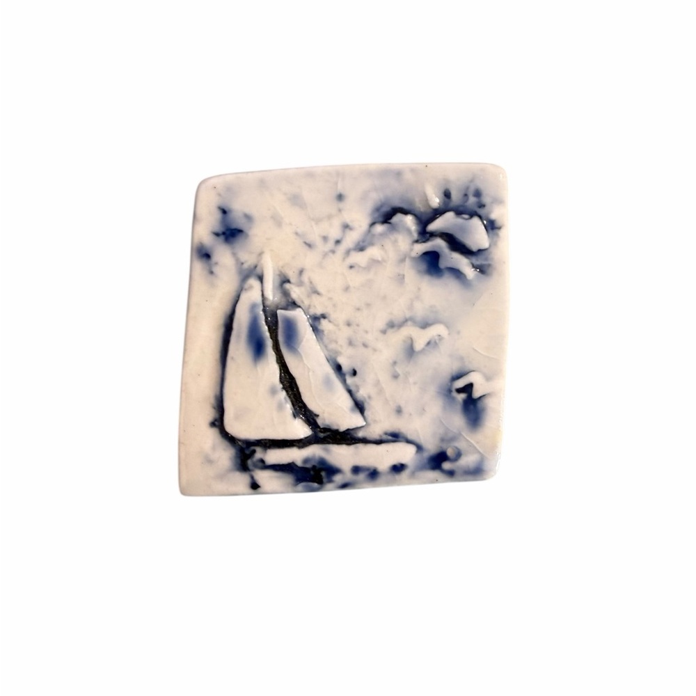 Vintage Handcrafted Pottery Sailboat Tile Brooch